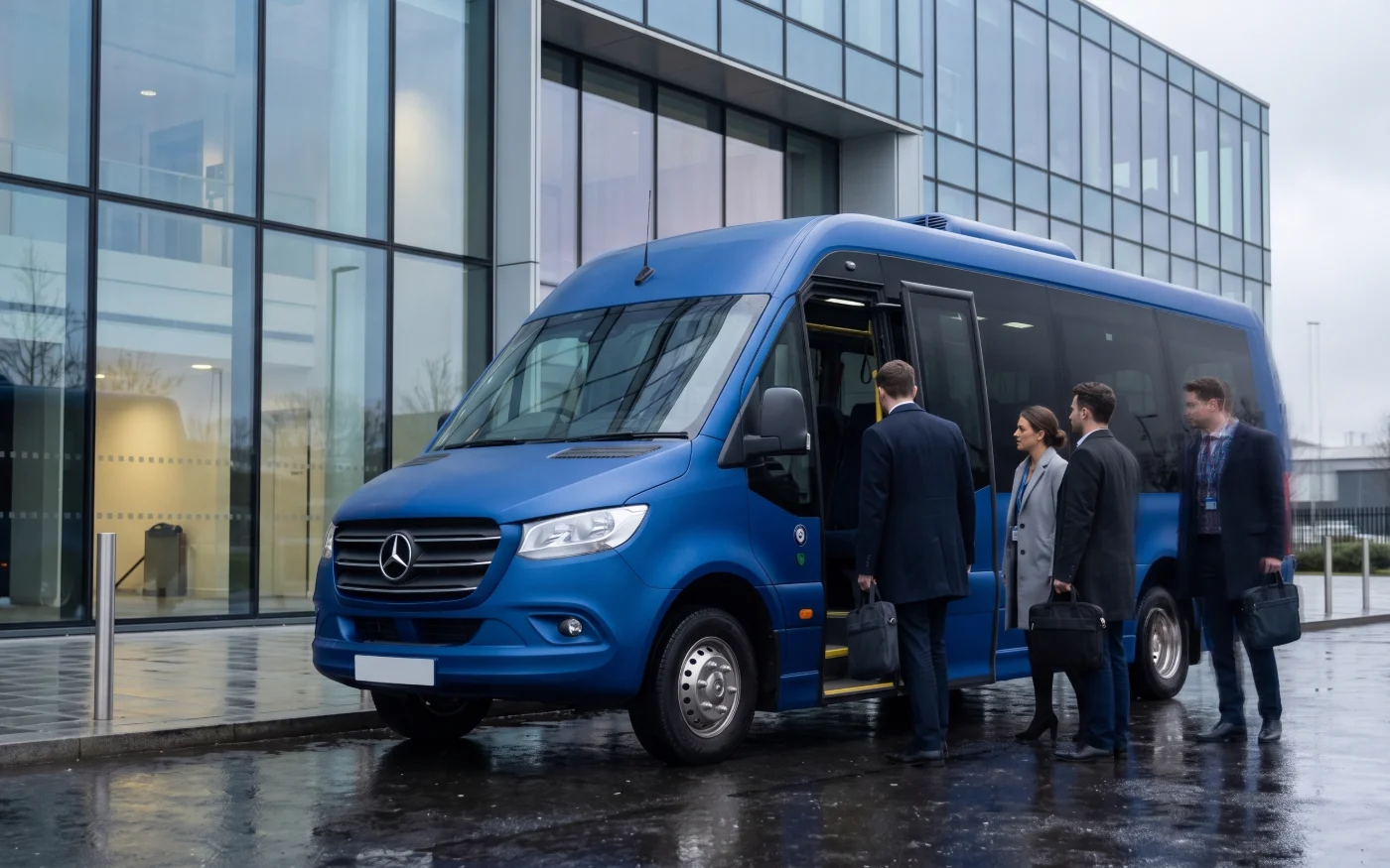 Business group boarding a coach outside an office