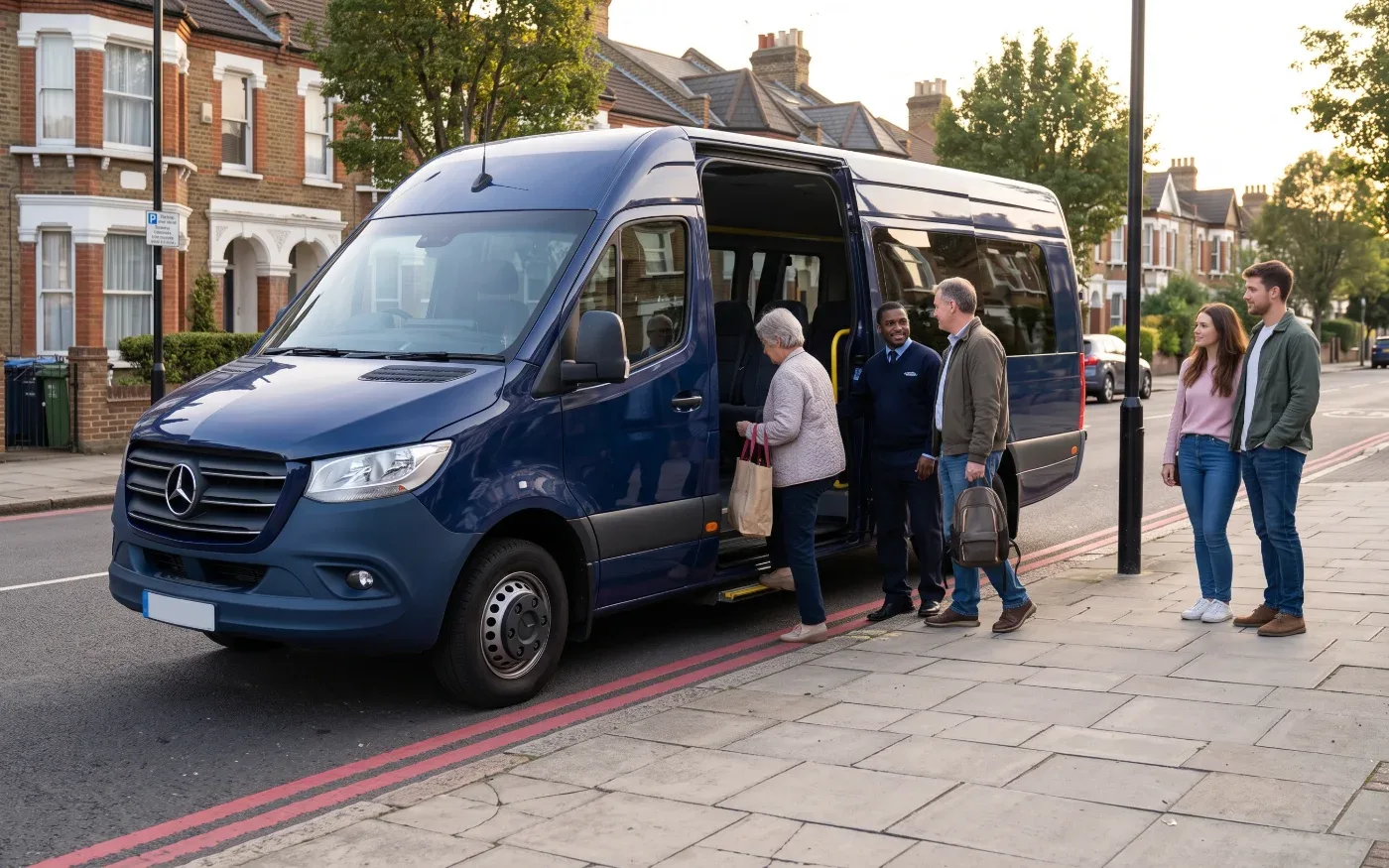 Group boarding a minibus on a UK street