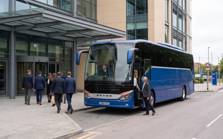 Delegates leaving a conference venue for a waiting coach