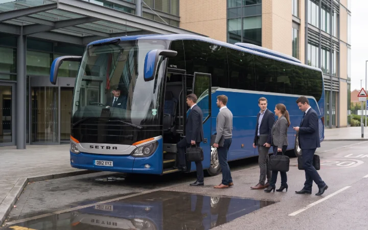 Employees boarding a coach outside an office