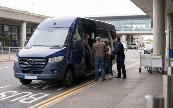 Passengers loading luggage into a minibus at an airport terminal