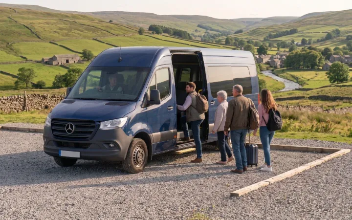 Small group boarding a minibus in the countryside