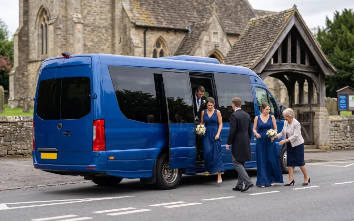 Wedding party stepping off a minibus
