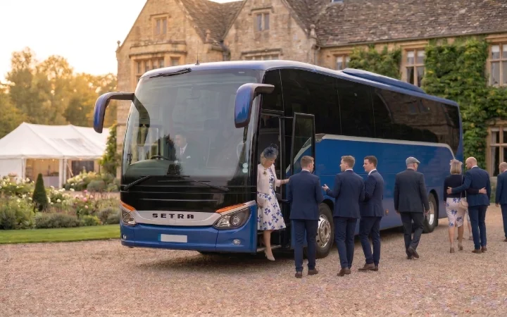 Wedding guests boarding a coach